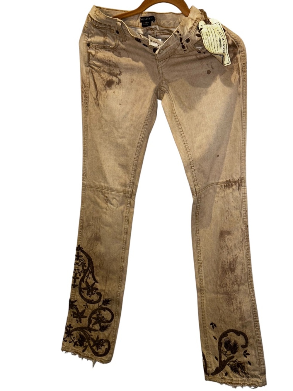 Ralph Lauren Dungarees NEW NWT khaki gold beaded embellished jeans 25/34